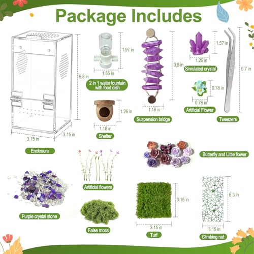Image of Jumping Spider Enclosure,DIY Insects Habitat,Small Reptile Terrarium Glass House Accessories Set,with Jumping Bridge Hide Water Feeder (Purple)