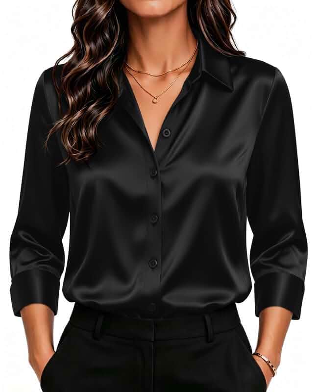 HOTOUCH Womens Satin Blouse Silk Button Down Shirts 3/4 Sleeve Casual Tops Collared Shirts for Women,V Neck Tops,Business Casual Outfits,Fall Fashion,Spring Clothes,Daily Going Out Wear