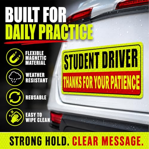 Image of Student Driver Magnet for Car - New Driver Magnet for Car Safety Warning Please Be Patient Reusable Movable Reflective Magnetic Black & Red for Car Bumper 3 Pcs