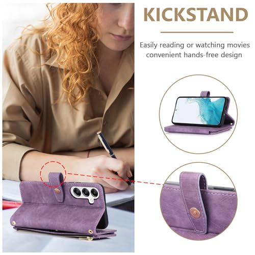 UEEBAI Wallet Case for Samsung Galaxy S24 5G, 9 Card Slots Retro Leather Wallet Shockproof Flip Cover with Hand Strap Card Slots Zipper Pocket Kickstand Handbag Magnetic Closure - Purple - Image 4