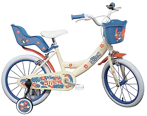 ALBRI Stitch Vélo de 16 Pouces avec Panier et Porte-ambole, Bicyclette pour Fille, Blanc