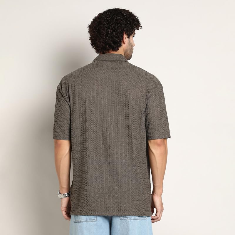 Image of CAHOOT Men's Oversized Shirt for Casual Wear | Cuban Collar | Short Regular Sleeves | Button Closure | Oversized Shirt Crafted with Comfort Fit for Everyday Wear