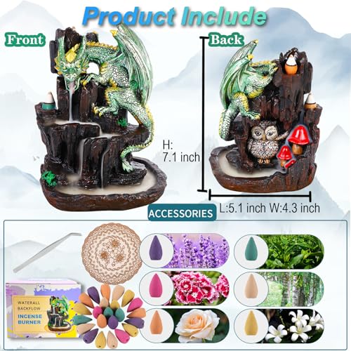 Zvaiuk Dragon Backflow 2 Sided Mountain Waterfall Incense Burner,Fountain Smoke Incense Holder with Backflow Incense Cones, Tweezers, Mat，Resin Aromatherapy Meditation (Green)