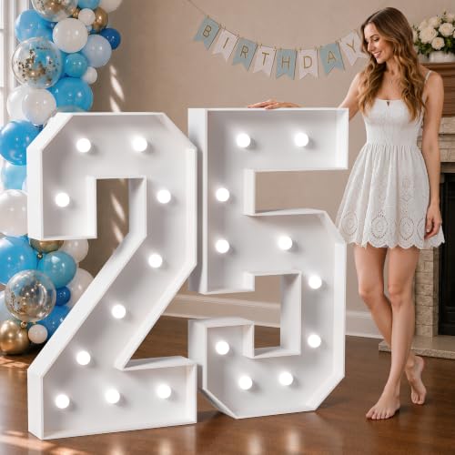 Image of Marquee Numbers 4 Feet Tall Big Light Up Numbers 25th Birthday Decorations Women Men Graduation Decorations 2025 White Anniversary Party Decor Large Cardboard Prop Backdrop Sign 25 | Cool White Light, Large 25th Anniversary Party Decor, Big Stable Sign, Assembly Required, Foam Board 42 Pcs Accessory Set
