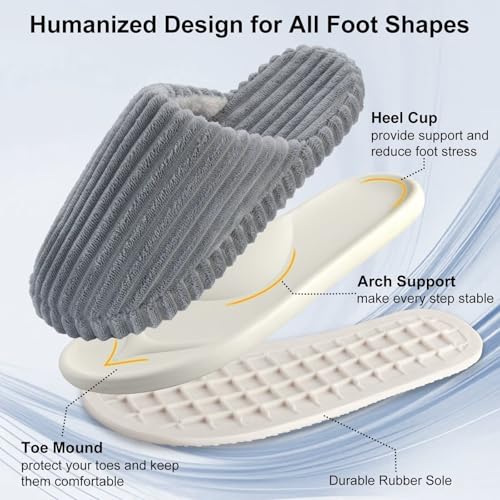 Women Arch Support Slippers – House Bedroom Slippers for Woman, Orthopedic Shoes for Plantar Fasciitis, Corduroy Closed Toe Ladies Slides Outdoor 5-112