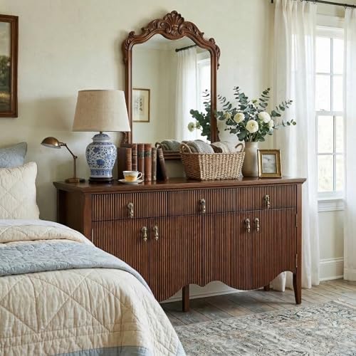 Image of FUSUNBAO 57 inch Fluted Sideboard Buffet,Retro Storage Cabinet, Walnut | 3 Drawers and 4 Doors, Vintage Fluted with Scalloped Base, Organic Modern Accent Cabinet, For Dining Room