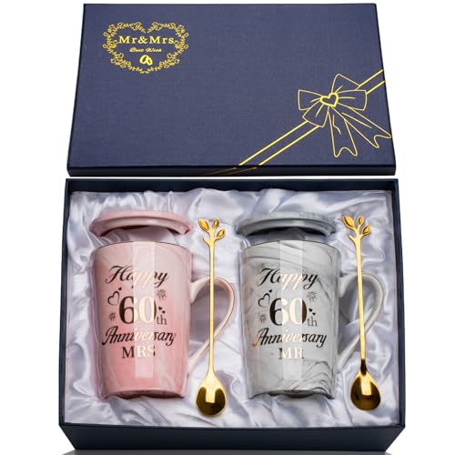 YIKILYLIFE 60th Wedding Anniversary GIF-ts Diamond Wedding Anniversary GIF-ts 2PCS Happy 60th Anniversar-y Gift Mr Mrs Gifts Diamond Anniversar-y Gifts for Couples Parents Marble Ceramic Cups 14oz