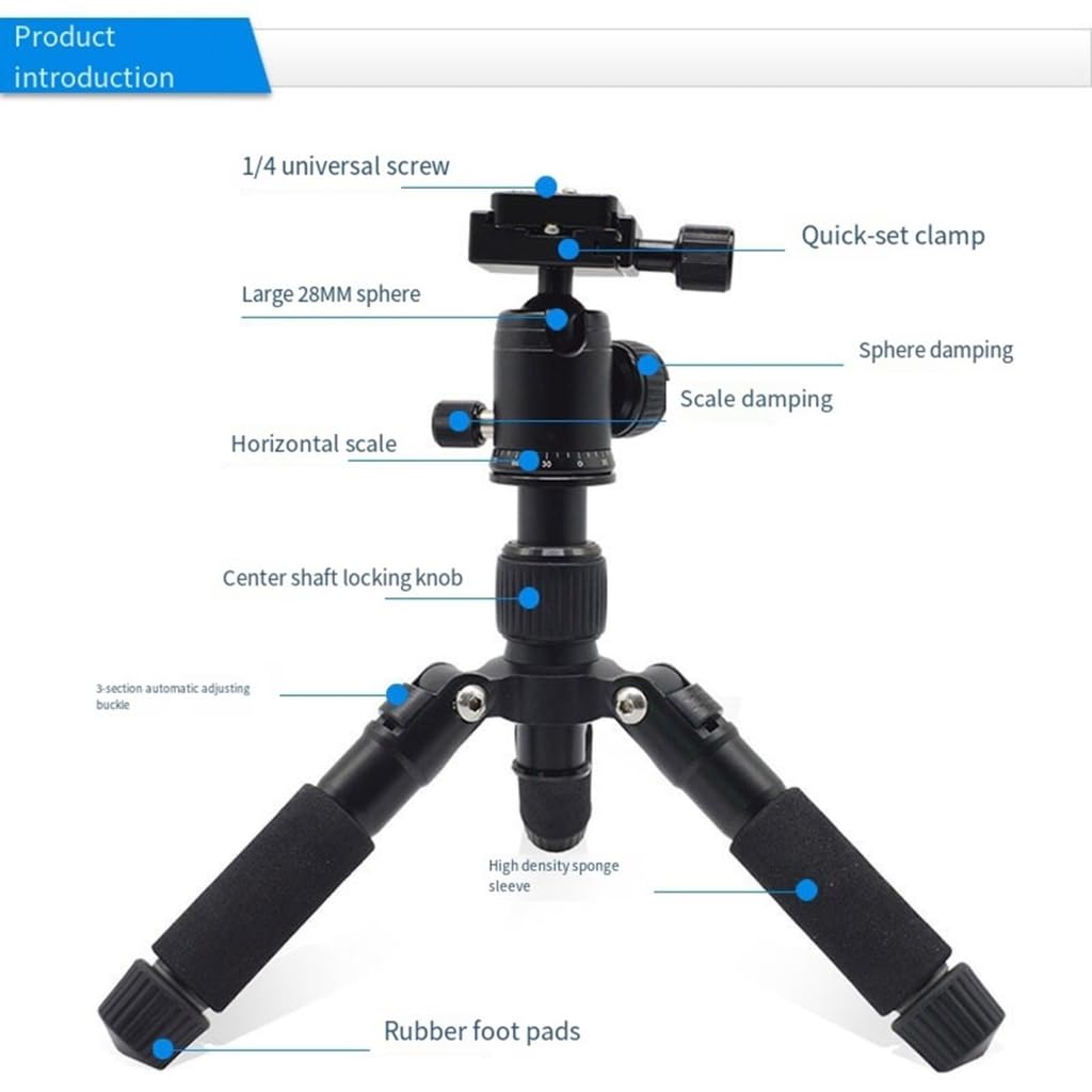 Mini trípode de aluminio de 20 pulgadas con cabezal de rotación ajustable de 360 grados y 28 mm para cámaras DSLR y fotografía móvil