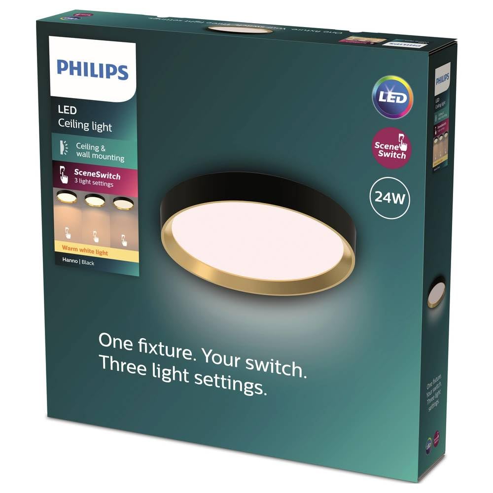Philips Hanno SceneSwitch LED Deckenleuchte, rund, 24 W, 2700 Lumen, 2700 K, Schwarz, IP20, warmweißes Licht, 3 Lichteinstellungen