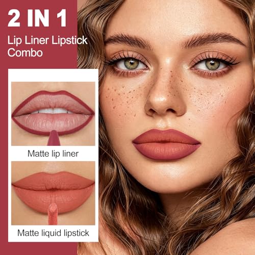 MAKI YIKA Burgundy Lip Liner Brownish Red Matte Liquid Lipstick Combo for Women 2in1 Long Lasting Lipsticks for Ombre Lips Waterproof Lipliner Lip Stick,LGA13 — view 2
