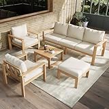 Salon de jardin exterieur 6/8 personnes,Ensemble de mobilier de jardin pour 4 à 6 personnes,structure en bois d'acacia,table 3 places + 2 chaises + repose-pieds + table basse,couleur crème naturelle.
