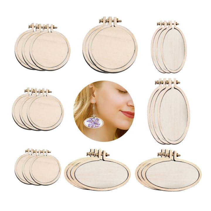 Image of Mini Wood Embroidery Hoop Display Frame - Round Hoop for DIY Embroidery Necklace Pendant and Keychain (24 Pcs Multi-Size)
