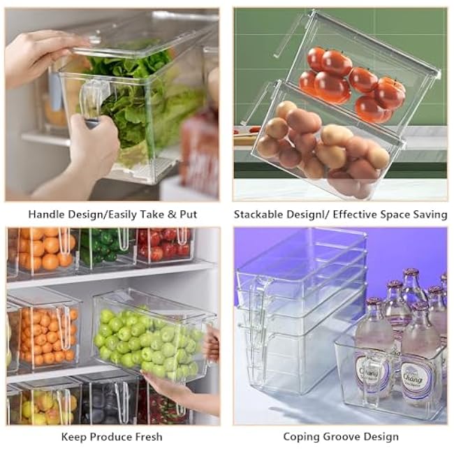 2 Pack Fruit Containers for Fridge, Stackable Ice Container for Freezer with Handles, Clear Pantry Organization and Storage, Kitchen Organization for Food Vegetable Salad with Lids