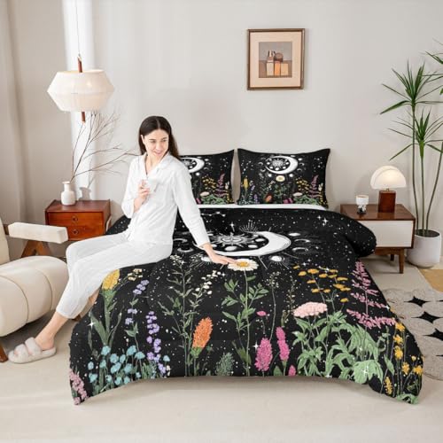 Image of Feelyou Sun and Moon Bedding Set Full Size Constellations Comforter Set for Kids Boys Girls Galaxy Astrology Branches Plants Comforter Black and White Quilt Set with 2 Pillowcases