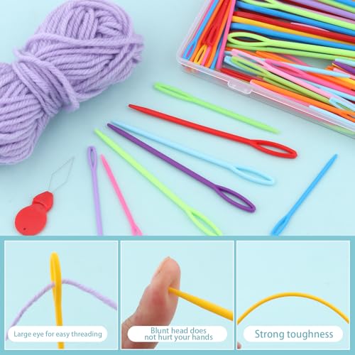 Image of 120 Pcs Plastic Sewing Needles - 4 Sizes of Yarn Sewing Needle with Threader and Box, Large Eye Plastic Sewing Needles, Plastic Needles for Yarn, Knitting Needles for DIY Sewing Handmade Crafts
