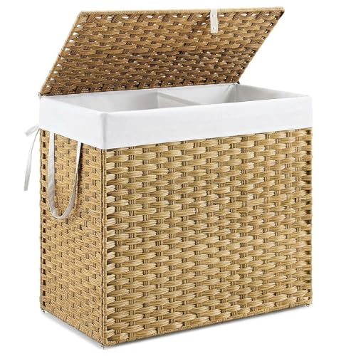 DUMOS Wicker Laundry Basket with Lid, 110L Woven Laundry Hamper with Handles, Foldable Rattan Clothes Hamper with Removable Liner & Sturdy Steel Frame, Goose Yellow