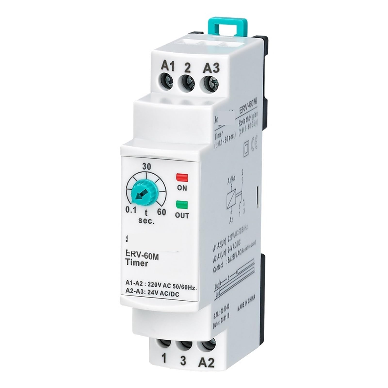 Relé de tiempo ERV-XXM KmoNo con retardo de apagado ajustable 110VAC y 24DC de 0.1 a 60 segundos