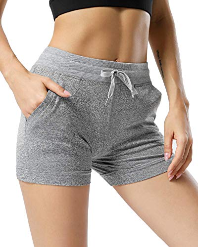 AUU Womens Cozy Banded Waist Running Fitness Workout Shorts with Pockets (White Grey,Small)