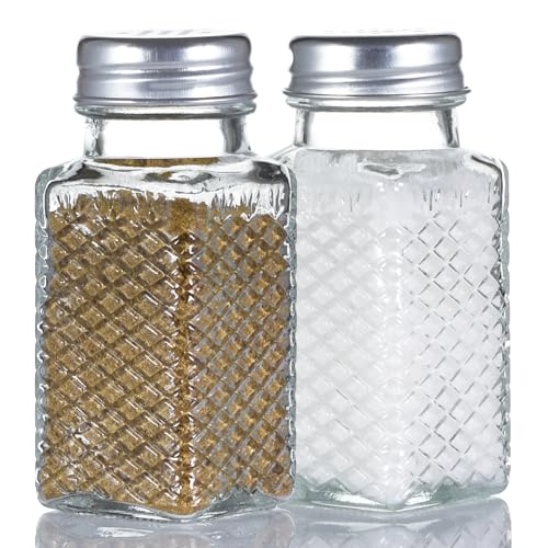 Wongblee 2 Pack Glass Salt and Pepper Shakers with 304 Stainless Steel Lid, Vintage Spice Shakers for Dining Room Table, Kitchen, Restaurant (Grid Pattern)