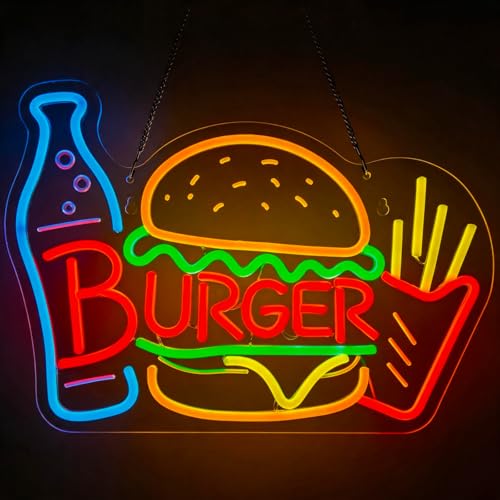 Burger & Fries Neon Sign - Dimmable Hamburger LED Light,
