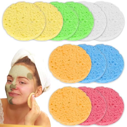 Compressed Facial Sponges, 12 PCS Round Cellulose Facial Sponge, 100% Natural Wood Pulp Cotton Face Washing for Facial Cleansing Pore Exfoliation - Multicolor