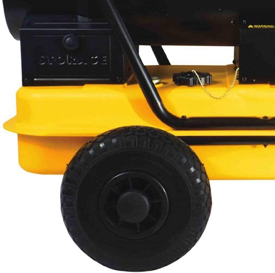 Close-up of the flat-free rubber wheel on the DEWALT DXH190HD heater