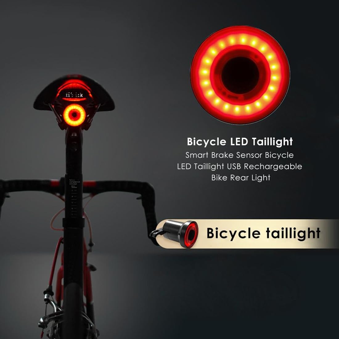 GXGM Luce posteriore per bicicletta, luce posteriore intelligente attivata dal freno, grado di impermeabilità IPX6, batteria ad alta capacità e lunga durata, cinque modalità. - 4