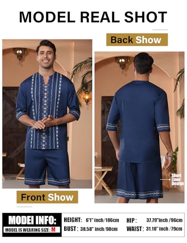 Men's Print Linen Shirts and Shorts Set Short Sleeve 2 Piece Beach Vacation Outfits Summer Yoga Suits With Pockets3