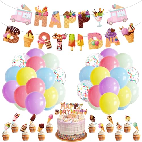 Decorazioni per feste di compleanno a forma di gelato, tra cui striscione, palloncini, decorazioni per torte per gelato