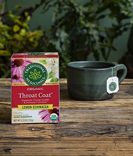 Traditional Medicinals Organic Throat Coat Lemon Echinacea Herbal Tea, Supports Throat Health, (Pack Of 1) - 16 Tea Bags #TOP6