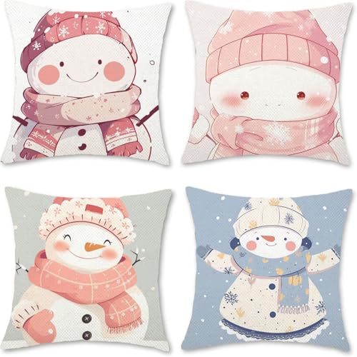 Fcunjuun Cojines para Exterior 50x50cm Juego de 4 Blanco, MuñEco De Nieve Cojines Decorativos Fundas Cojin Lavables Poliéster Lino Textil Cojin Exterior Impermeable, para La Decoración Jardín M-5
