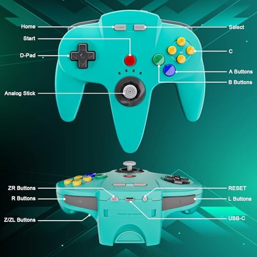 KIWITATA Wireless N64 Controller for Switch Online Games, 2.4GHZ N64 Wireless Remote Joystick Controller Compatible with N64 Console, Switch 1/2,Windows PC & MAC Turquoise - 2