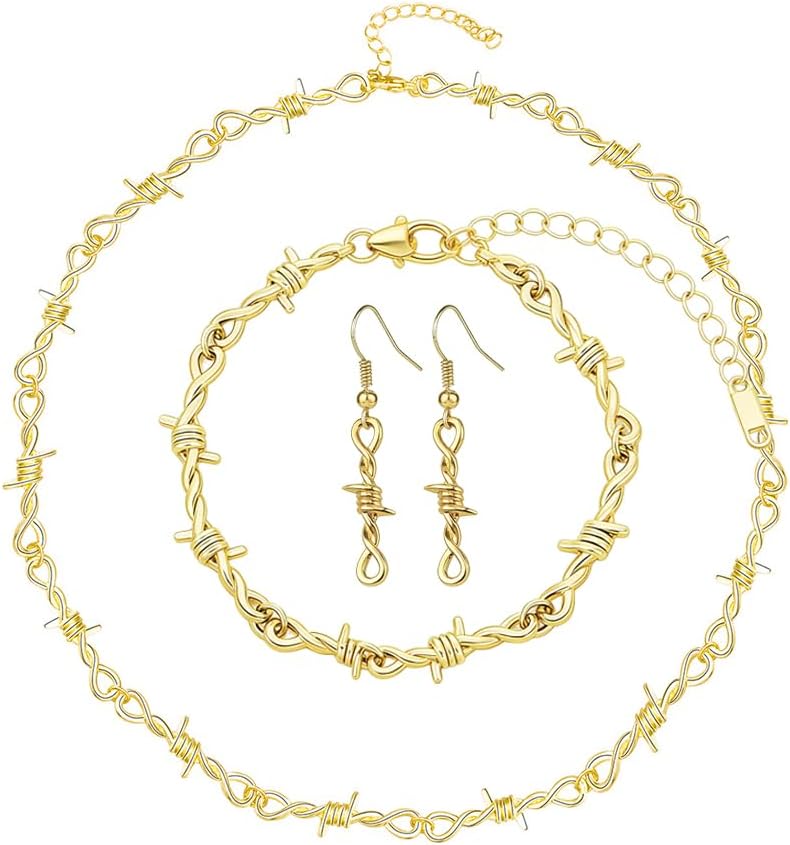 coadipress Barbed Wire Necklace Bracelet Earrings Set for Men Women Punk Thorns Barbed Wire Bracelet Grunge Barb Wire Necklace Hiphop Rock Goth Earrings Y2k Jewelry