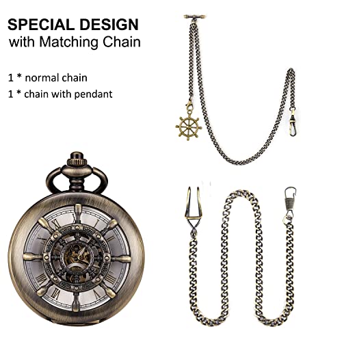 Sibosun Skeleton Pocket Watch Mechanical Pocket Watches For Men Double Case Steampunk Roman Numeral Dial Bronze Pocket Watch Fob Watch With Chain And Box Antique Vintage Hollow Rudder Case #TOP1