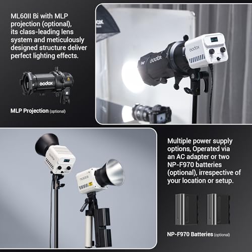 Image of Godox ML60IIBi Bi-Color LED Video Light,70W Portable COB Continuous Output Lighting 2800K-6500K CRI 96+ /TLCI 97+,11 FX Effects, APP Control Ultra-Quiet Handheld LED Light with AK-B01 Battery Base