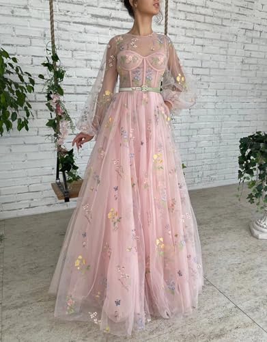Women's Puffy Sleeve Tulle Prom Dresses Flower Embroidery Long Formal Evening Party Gowns with Pockets2