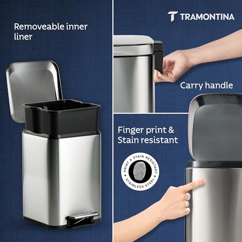 Image of TRAMONTINA 20 Litre Stainless Steel Step Dustbin | Fingerprint-Resistant Finish | Soft-Close Lid | Removable Inner Bucket | Square Trash Can for Home, Office & Hospitality