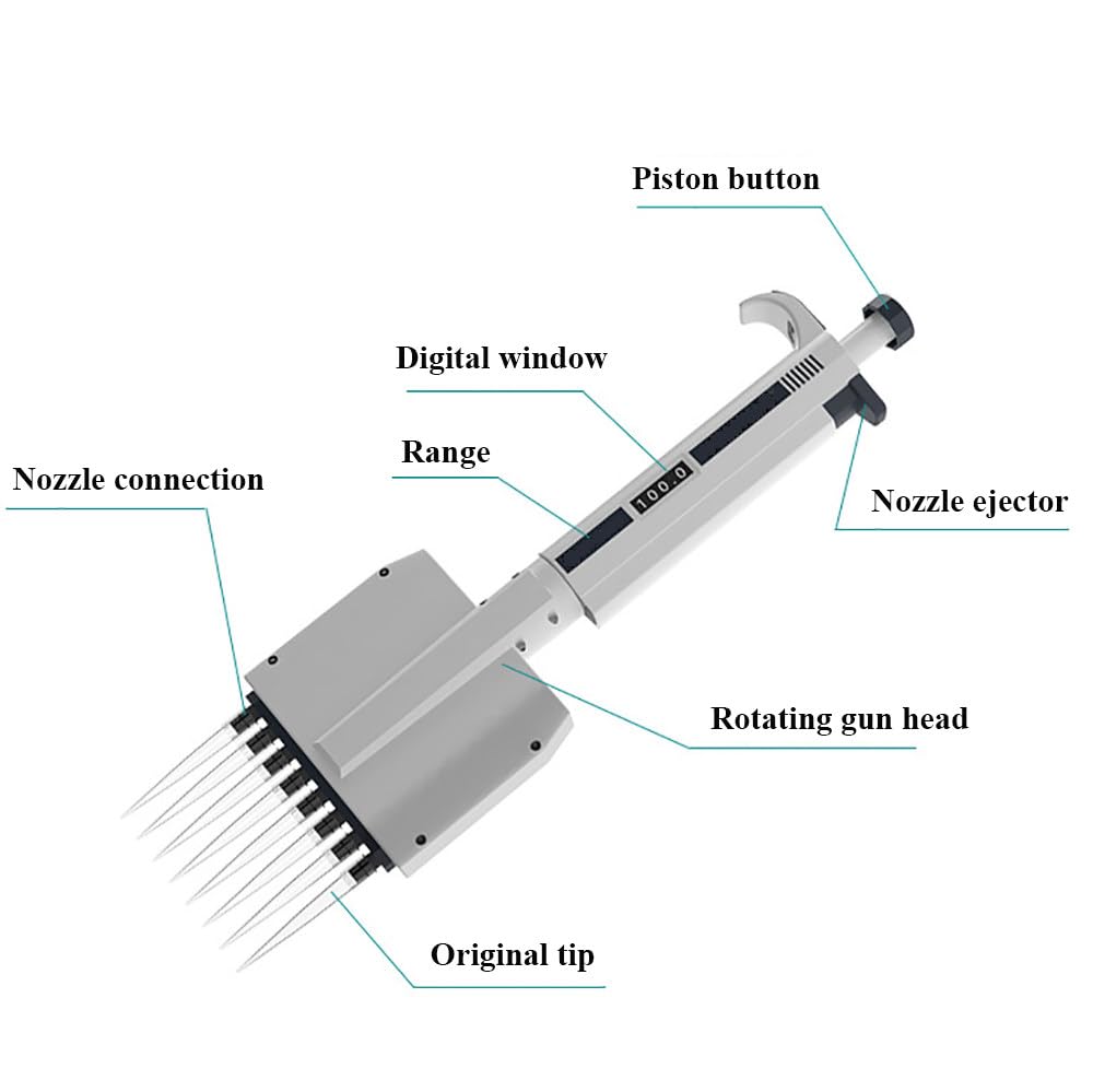 Mikropipeta Laboratoryjna,Wielokanałowa Mikropipeta,0,5-300ul,Końcówka Obrotowa 360°,Z Funkcją Wydmuchu,Regulowany Pipetor 8-Kanałowe Wielokanałowe Pipety Do Szkoły,5-50ul