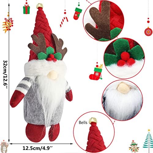 Uooker 2 Pieces Christmas Gnome Decorations, Swedish Scandinavian Christmas Decorations, Christmas Tree Ornaments, Handmade Buffalo Plaid Tomte Gnome with Antlers and Santa Hat Plush Elf Doll