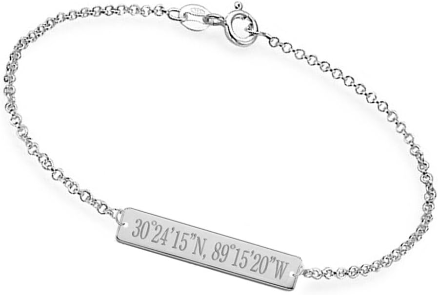 Personalized 925 Sterling Silver Bar Bracelet Charm Custom Made with Any Names & Coordinate