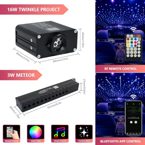 Image of 16W Car Home Starlight Headliner Kit, Twinkle & Sound Activate RGBW Fiber Optic Lights with APP & Remote Control, Shooting Star Lights for Ceiling Decoration, 500 pcs 9.8ft