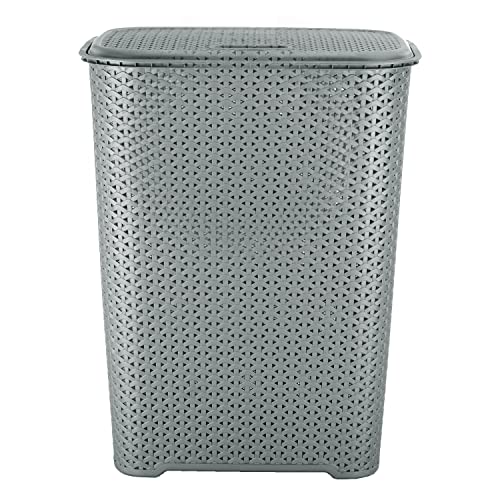 JMS we create smile - 65L Litre Large Laundry Basket With Lid - Plastic Rattan Design Grey/Silver Laundry Hampers Washing Baskets with Handles - Dirty Linen Clothes Basket for Bathroom Bedroom