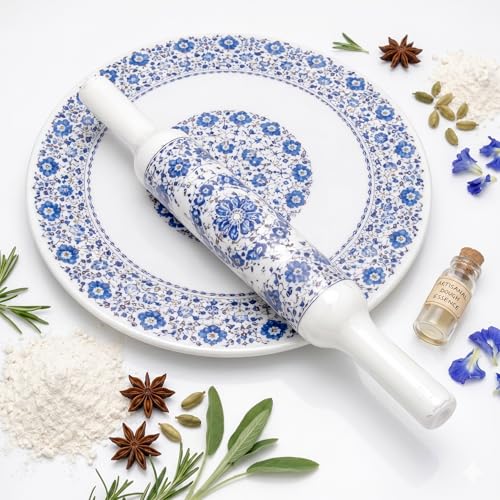 Image of Blue Floral Design MARBLE CHAKLA BELAN SET | Printed 10 Inch Enamel Marble Roti Maker with Wooden Belan | Heavy Duty Non-Slip Marble Chakla for Roti, Chapati, Paratha | Kitchen Rolling Board (1 Piece)