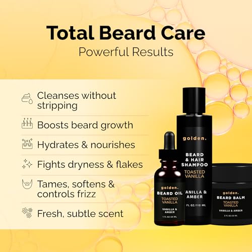 Image of Golden Grooming Beard Bundle (Regular Starter Kit) 4oz Shampoo, 2oz Balm, 1oz Oil - Toasted Vanilla