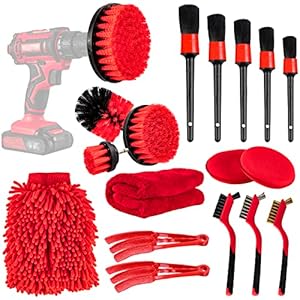 Amiss 18 PCS Car Cleaning Tools Kit, Car Detailing Brush Set with Driller Attachment Set, Car Wash Kit, Car Cleaning Brushes for Cleaning Interior, Exterior, Wheels, Etc. (Red)