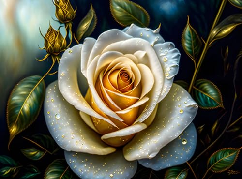 Peinture sur toile grand format poster 58 x 90 cm rose dorée feuilles blanches sans cadre
