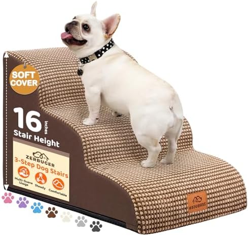 Zerbuger Dog Ramp and Stair for Bed 16″ H-20 H,3-Step Cat Stair for Sofa and Chair,4-Step Dog Ramp for High Bed and Window,Durable Nonslip Fabric Cover for Indoor (Coffee-16 H, Pet Friendly, 3)