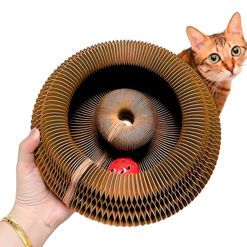 KITTY KURLZ Interactive Cat Toy with Rolling Ball Shape-Shifting Cardboard Scratcher & Collapsible Scratch Pad Ring for Indoor Cats Play Lounge & Enrichment