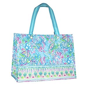 Lilly Pulitzer Blue/Green XL Market Shopper Bag, Oversize Reusable Grocery Tote with Comfortable Shoulder Straps, Aqua La Vista