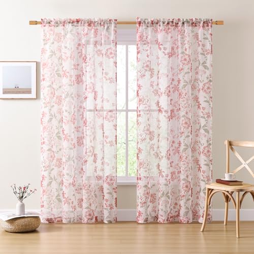 Red Floral Sheer Curtains 90 Inches Long 2 Panels for Living Room Modern Style Garden Theme Decor Romantic Flower Patterned Curtains for Dining Room Light Filtering Rod Pocket Window Drapes, 52x90